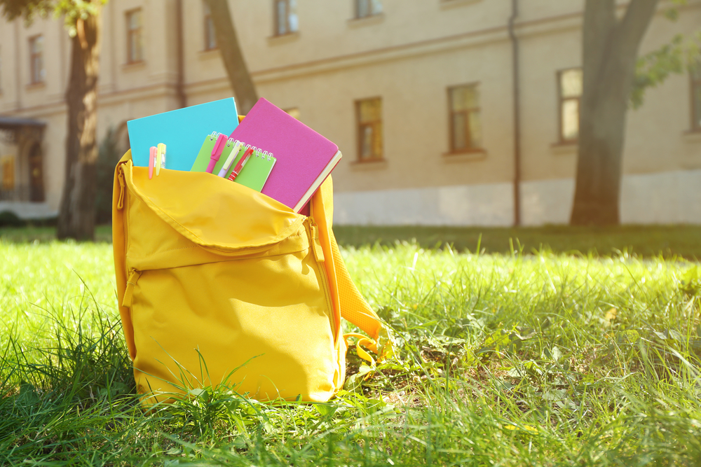 School backpack with accessories on green grass